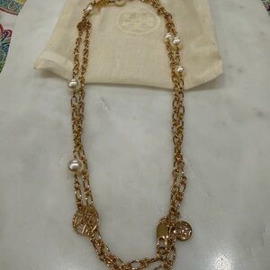 Tory Burch Elegant Long Gold and Pearl Necklace